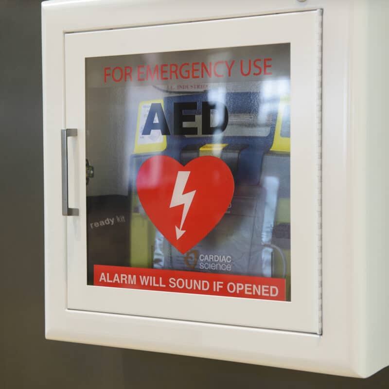 Automated External Defibrillator(AED) on the wall.