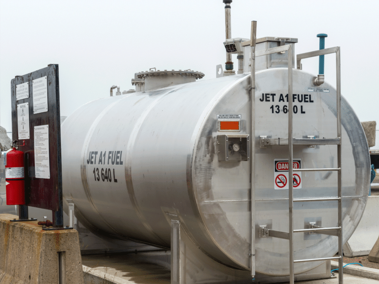 A tank for the jet-fuel. The fuel is JET A1. Fire extinguisher on a panel to the left. Covered sky.